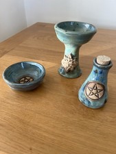 Pagan Ceramic ABBOT  Altar Set, Greenman Pentacle.Bowl, Bottle Chalice,