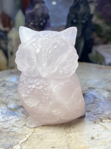 Rose quartz crystal owl - rose,