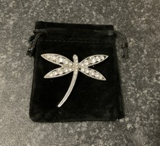 Preloved White crystals Dragonfly Insect Costume Brooch Silver Tone, gift 6cm