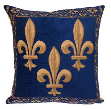 HIGH QUALITY 14" BELGIAN TAPESTRY CUSHION COVER BLUE GOLD, 3 FLEUR DE LYS 919