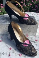 Vintage Pair of Ladies Evening Shoes. Size 65. Black Lace and Satin. 1950s.