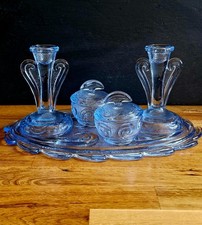 Vintage Blue Glass Art Deco Dressing Table 5 Piece Vanity Set