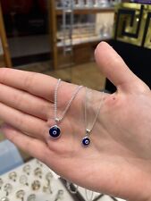 925 Sterling Silver Blue Dark Blue Evil Eye Pendant 8mm 10mm Curb Chain 16"-20"