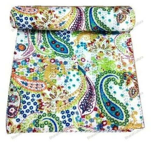 White bed runner kantha quilt - white,