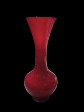 Large 24" Red, White and Clear Glass Flared Top Floor Vase