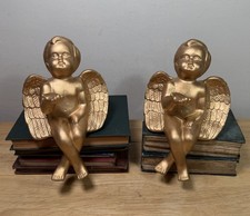Pair of Vintage Gold Sitting Cherub Ceramic Shelf Edge Sitters Angel Figurines