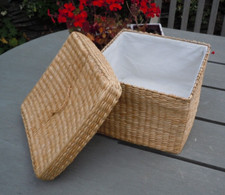 Large Water Hyacinth Lidded Lined Basket storage natural