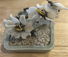 Vintage Chinese Oriental Glass Jade Bonsai Tree     White Blossom Celadon Pot