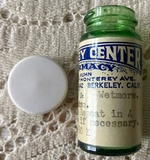 Vintage 1960 Prescription Green Glass Pill Bottle/Berkeley Calif/2.25” tall/1” D