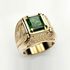 4.20 Ct Emerald Cut Green Diamond Men's Engagement Ring 14K Yellow Gold Finish