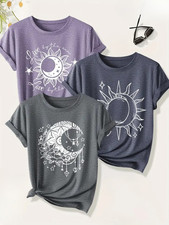 Celestial Sun & Moon Graphic T-Shirts Women’s Boho Casual Pretty Crew Neck Tops