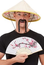 Men Ladies Adult Chinese Coolie Oriental Hat Fancy Dress + Fan + Tash