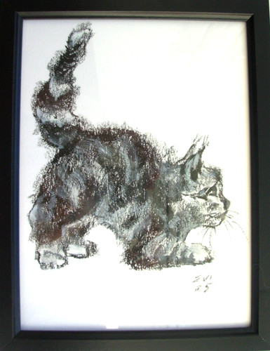 Cat framed original - framed, oil