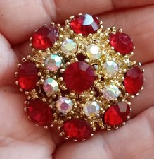 Vintage Red and Aurora Borealis Rhinestone Circular Domed BROOCH