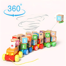 RLS Wooden colourful pull along alphabet block train Toy car for Boys and Girls