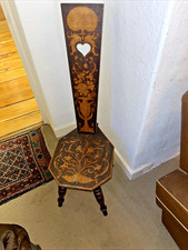 LOVELY VINTAGE WELSH SPINNING CHAIR W POKERWORK WOODEN SEAT AND BACK 38" High