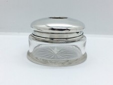 Antique squat solid sterling silver topped glass hair tidy dressing table jar