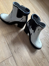 HUNTER BLACK  WHITE HIGH HEEL ANKLE WELLIES RAIN BOOTS UK6 EUR 39