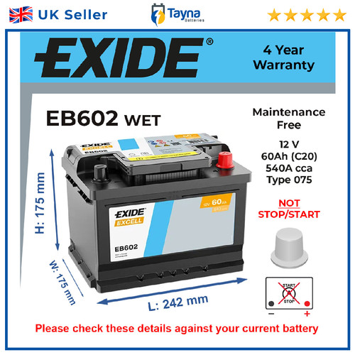 Car battery eb602 exide 075 - exide,