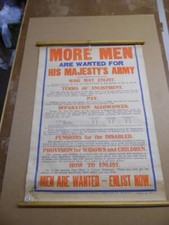 c.1915 MORE MEN ARE WANTED FOR HIS MAJESTY'S ARMY British WWI Poster Orginal UK