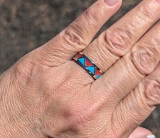 Navajo Ring Sterling Silver All Around Turquoise & Coral Inlay Native Am Jewelry