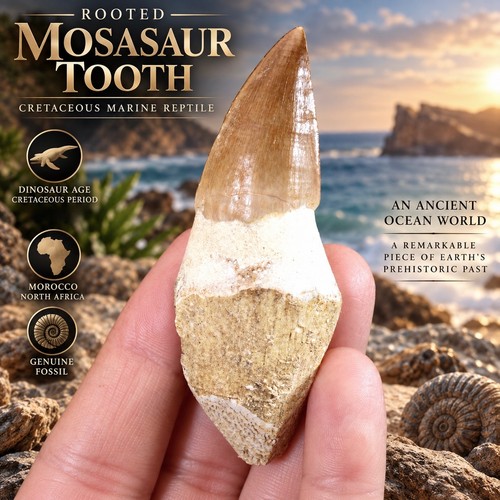 Rooted mosasaur tooth fossil - mosasaur,