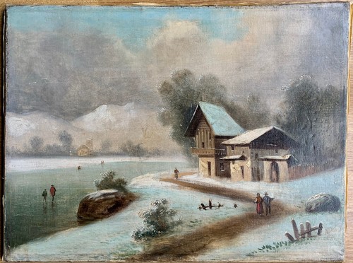 Antique dutch winter scene oil - winter,