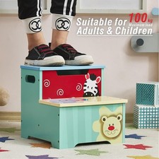 2 Steps Step Stool Kids Helper Ladder Children Heavy Wooden Chair with Toys Box