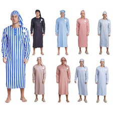 Men's Striped Henry Sleep Shirt with Night Cap Round Neck Nightshirt Loungewear