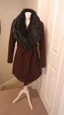 Womens Burgundy Coat With Detachable Faux Fur Collar Size 12 From Newlook