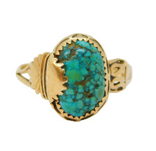 Navajo 14ct Yellow Gold Cabochon Turquoise Signet Ring Vintage c1970