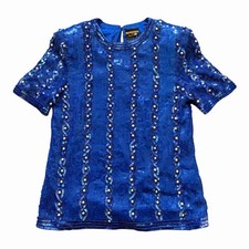 Vintage Collage By Simon Ellis 100% Silk Full Sequin Top Size Medium Ladies Blue
