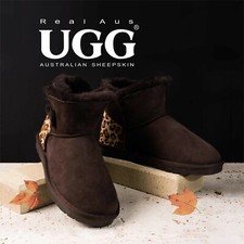 Ugg Real Aus 100% Australian Sheepskin Wool Women One Button Leopard Pattern 