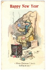 WW 1 F Mackain Comic Postcard - Happy New Year ! Soldier Drinking Tea. OAS 1918.