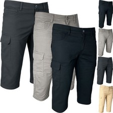 Mens Cargo Stretch Chino Long 3/4 Shorts Multi Pockets Cotton Below Knee Pants