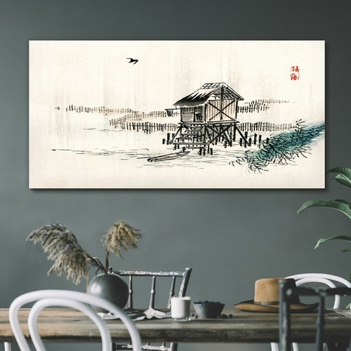 Painting asian hut lake boat - painting,