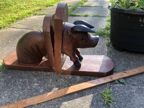 Large wooden pig bookends - wooden,