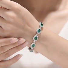 Oval Cut Green Lab Created Emerald Women Tennis Bracelet 18k White Gold Plated