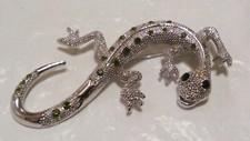 FABULOUS Leopard GECKO Silver Tone with Peridot Rhinestones Lizard Brooch BOXED 