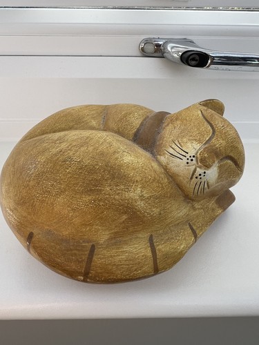 Wooden carved sleeping cat - wooden,