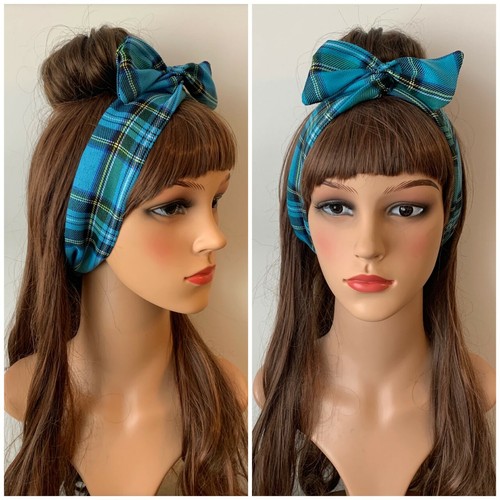 Blue turquoise tartan headband - blue,