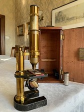 Antique Hartnack & Prazmowski Compact Monocular Brass Microscope - c1880, Cased