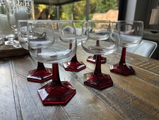 SET OF 6 Luminarc France ~ Red Ruby Stem Hock Hexagon Base Glasses ~ Vintage