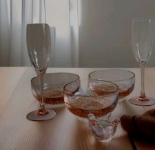 Joblot of Peach Glass Items. Champagne Glasses, Bowls and Candle Holder
