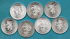 7 X 1968 MEXICAN 25 PESO COINS, 720 SILVER. 22.5 GRAMS EACH. MEXICO. JOB LOT.