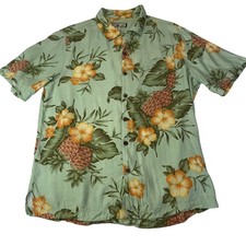 Caribbean Joe Hawaiian Shirt Floral Tropical Print Green Men's Label Size M