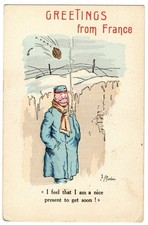 WW 1 F Mackain Comic Postcard - Grenade Heading For Enemy Soldier.