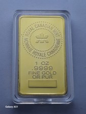 "Royal Canadian Mint" 1 Oz Fine Gold Pure .9999 Plated Bullion Bar