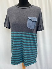 T-Shirt Travel fox size L grey green stripe short sleeve cotton mens