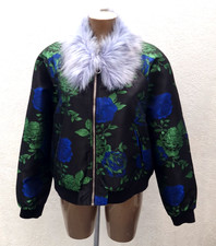 Asos Jacket Size 18 Black Shiny Floral Bomber Blue Faux Fur Collar Coat